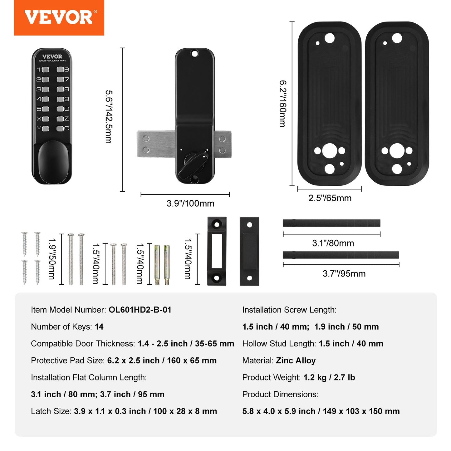 Mechanical Keyless Entry Door Lock, 14 Digit Keypad, Water-proof Zinc Alloy, Outdoor Gate Door Locks Set with Surface-mounted Latch, Keypad and Knob, Easy to Install, for Garden, Garage, Yard - Image 7