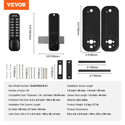 Mechanical Keyless Entry Door Lock, 14 Digit Keypad, Water-proof Zinc Alloy, Outdoor Gate Door Locks Set with Surface-mounted Latch, Keypad and Knob, Easy to Install, for Garden, Garage, Yard - Image 7