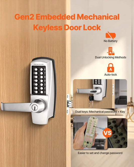 Mechanical Keyless Entry Door Lock, 14 Key Mechanical Door Lock with Keys, Mechanical Keypad Door Lock with Handle, Stainless Steel Waterproof Keyless Gate Lock, for Home Office Outdoor Garage - Image 2