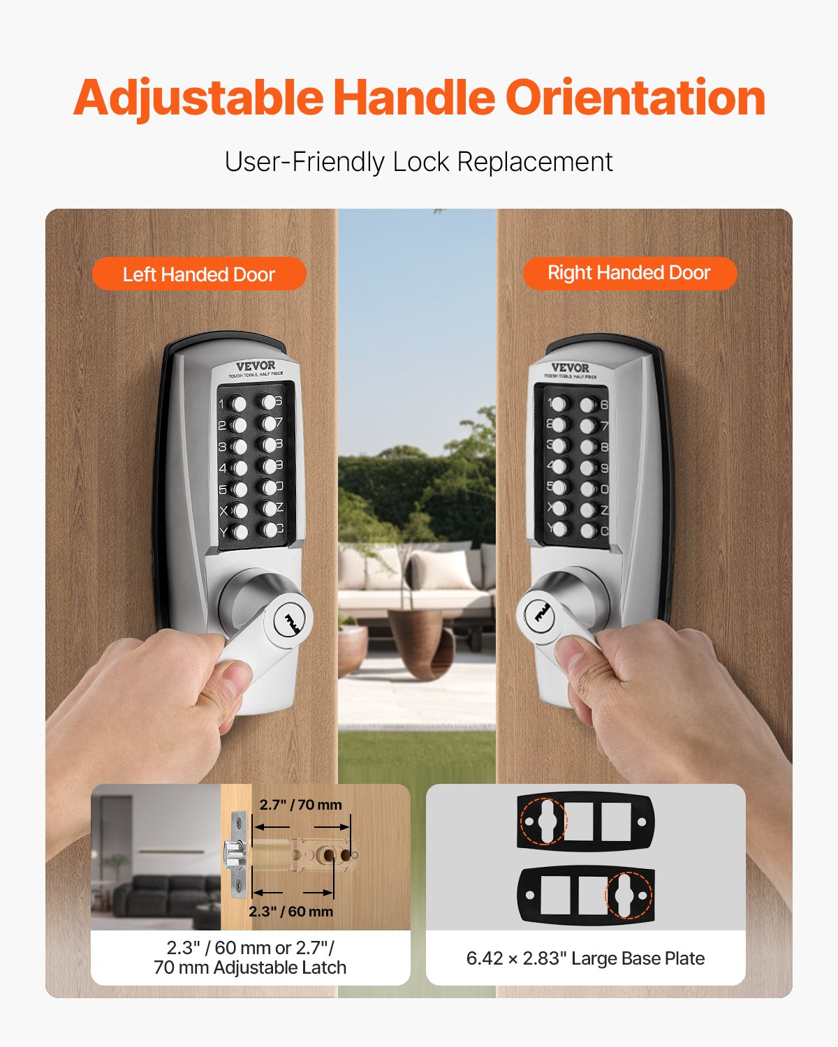 Mechanical Keyless Entry Door Lock, 14 Key Mechanical Door Lock with Keys, Mechanical Keypad Door Lock with Handle, Stainless Steel Waterproof Keyless Gate Lock, for Home Office Outdoor Garage - Image 4