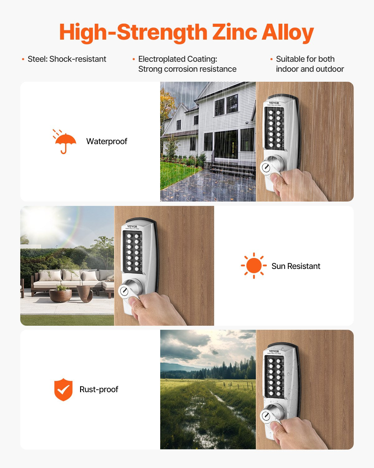 Mechanical Keyless Entry Door Lock, 14 Key Mechanical Door Lock with Keys, Mechanical Keypad Door Lock with Handle, Stainless Steel Waterproof Keyless Gate Lock, for Home Office Outdoor Garage - Image 6