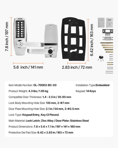 Mechanical Keyless Entry Door Lock, 14 Key Mechanical Door Lock with Keys, Mechanical Keypad Door Lock with Handle, Stainless Steel Waterproof Keyless Gate Lock, for Home Office Outdoor Garage - Image 7