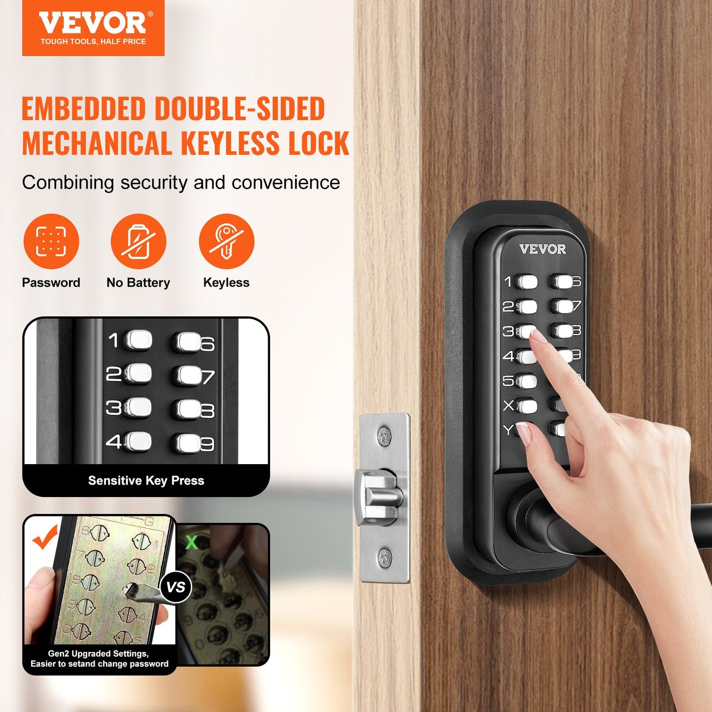 Mechanical Keyless Entry Door Lock, 14 Digit Keypad, Water-proof Zinc Alloy, Double-sided Embedded Outdoor Gate Door Locks Set with Keypad and Handle, Easy to Install, for Garden, Garage, Yard - Image 2