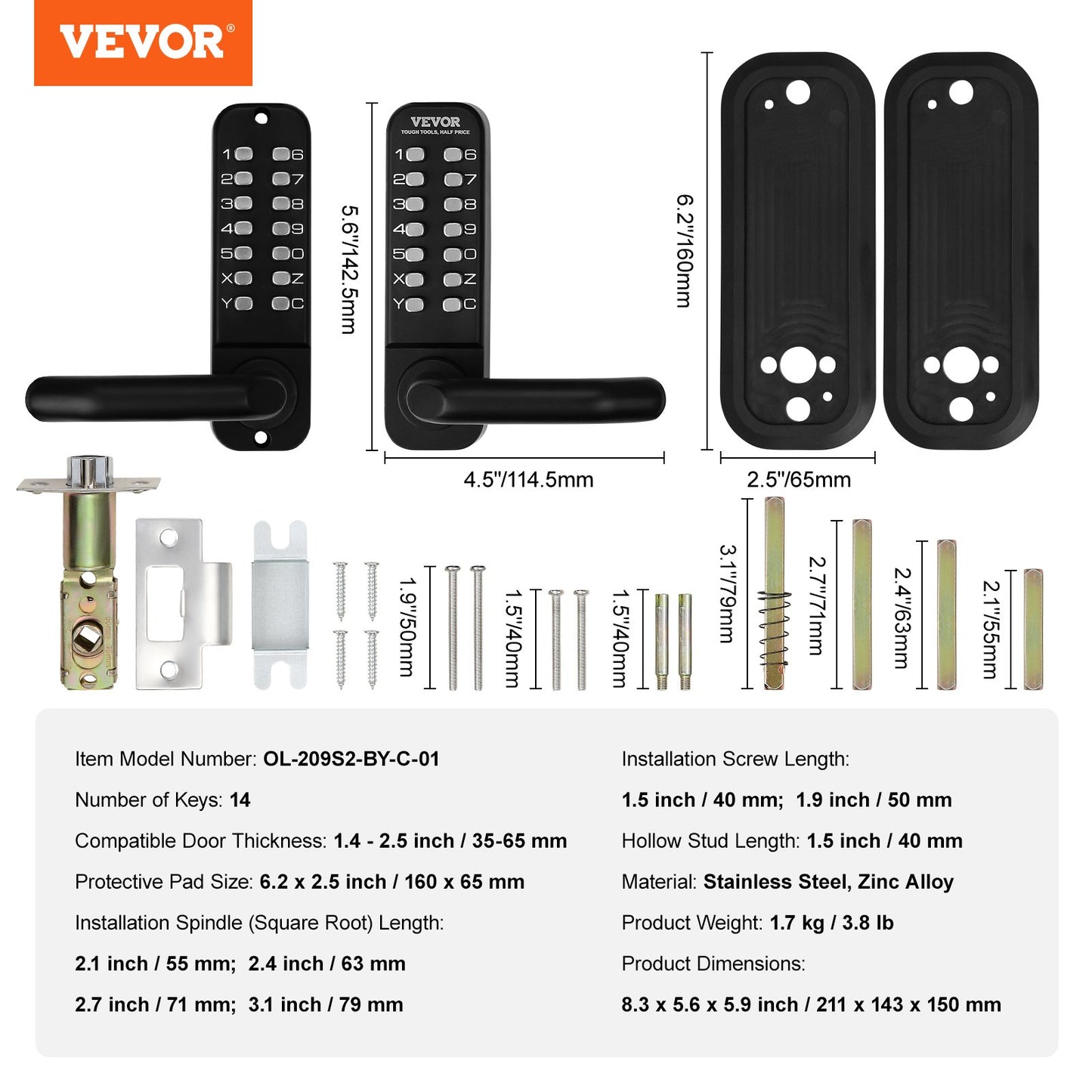 Mechanical Keyless Entry Door Lock, 14 Digit Keypad, Water-proof Zinc Alloy, Double-sided Embedded Outdoor Gate Door Locks Set with Keypad and Handle, Easy to Install, for Garden, Garage, Yard - Image 7