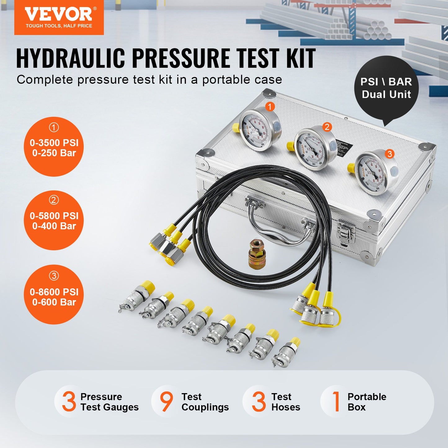 Hydraulic Pressure Test Kit, 250/400/600bar, 3 Gauges 9 Test Couplings 3 Test Hoses, Excavator Hydraulic Test Gauge Set with Portable Carrying Case for Excavator Tractors Construction Machinery - Image 2