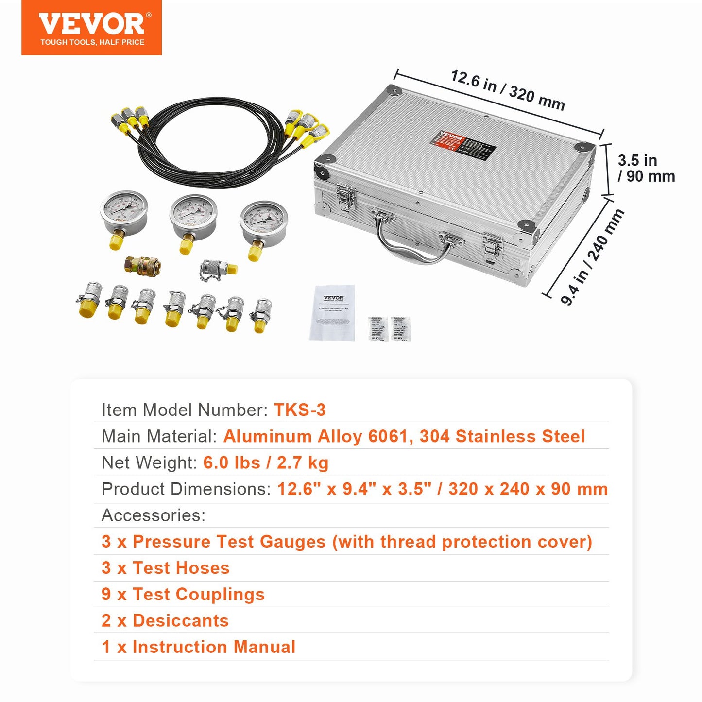 Hydraulic Pressure Test Kit, 250/400/600bar, 3 Gauges 9 Test Couplings 3 Test Hoses, Excavator Hydraulic Test Gauge Set with Portable Carrying Case for Excavator Tractors Construction Machinery - Image 7