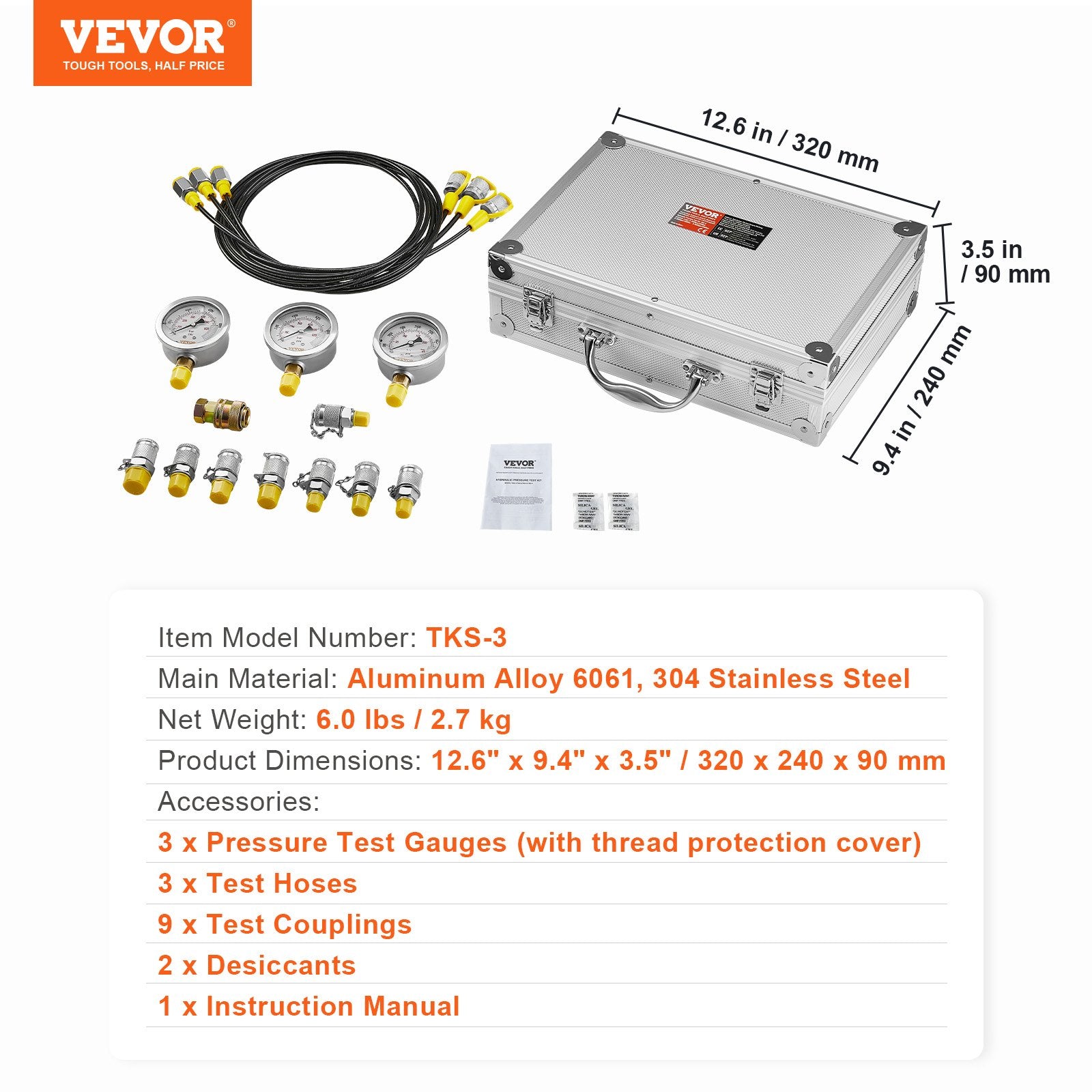 Hydraulic Pressure Test Kit, 250/400/600bar, 3 Gauges 9 Test Couplings 3 Test Hoses, Excavator Hydraulic Test Gauge Set with Portable Carrying Case for Excavator Tractors Construction Machinery - Image 7