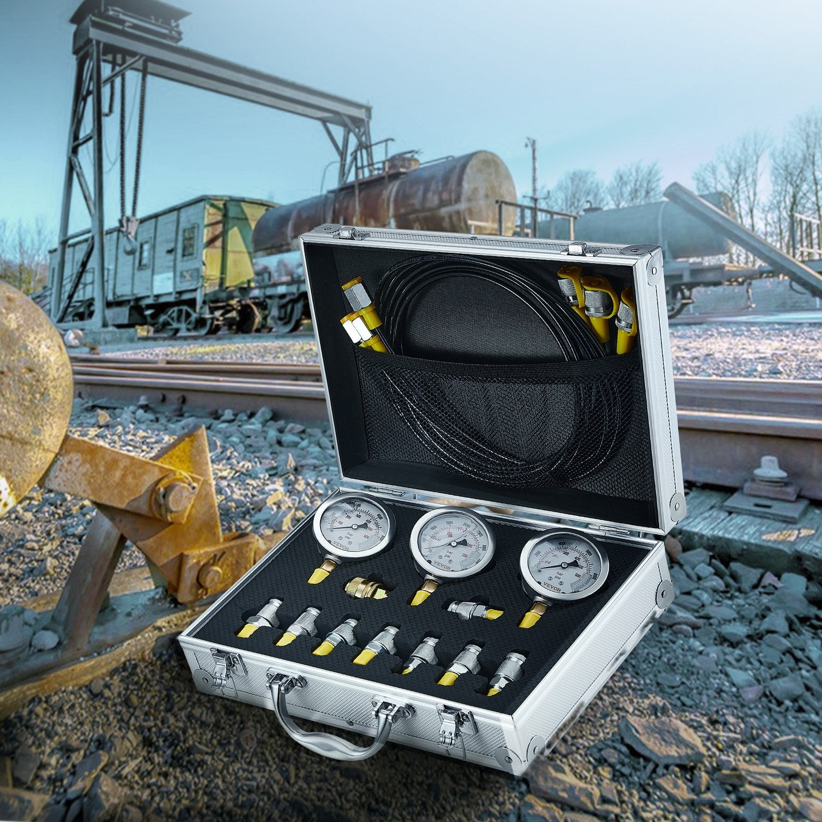 Hydraulic Pressure Test Kit, 250/400/600bar, 3 Gauges 9 Test Couplings 3 Test Hoses, Excavator Hydraulic Test Gauge Set with Portable Carrying Case for Excavator Tractors Construction Machinery - Image 8