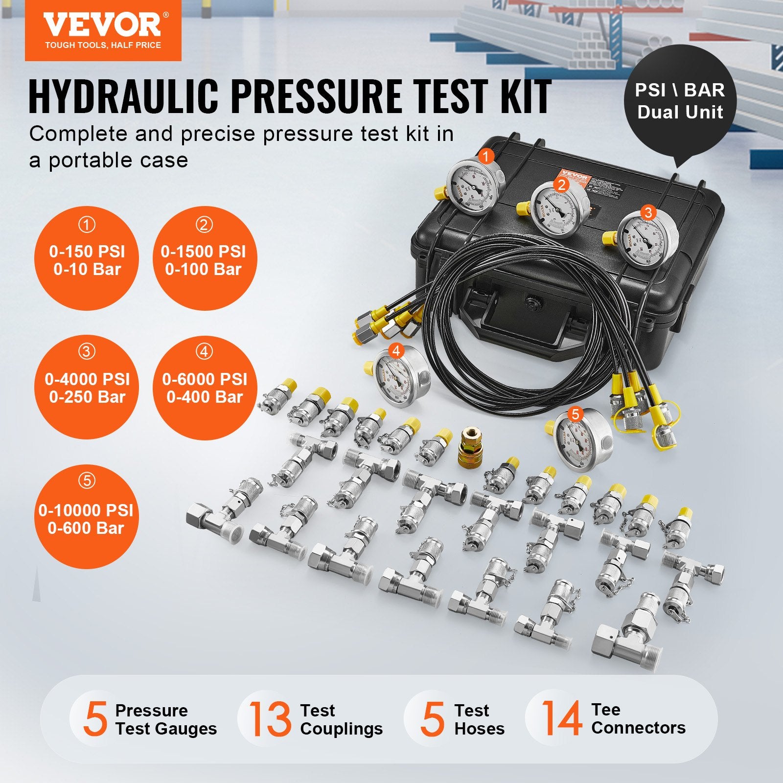 Hydraulic Pressure Test Kit, 10/100/250/400/600bar, 5 Gauges 13 Couplings 14 Tee Connectors 5 Test Hoses, Excavator Hydraulic Test Gauge Set with Carrying Case for Excavator Tractors Machinery - Image 2