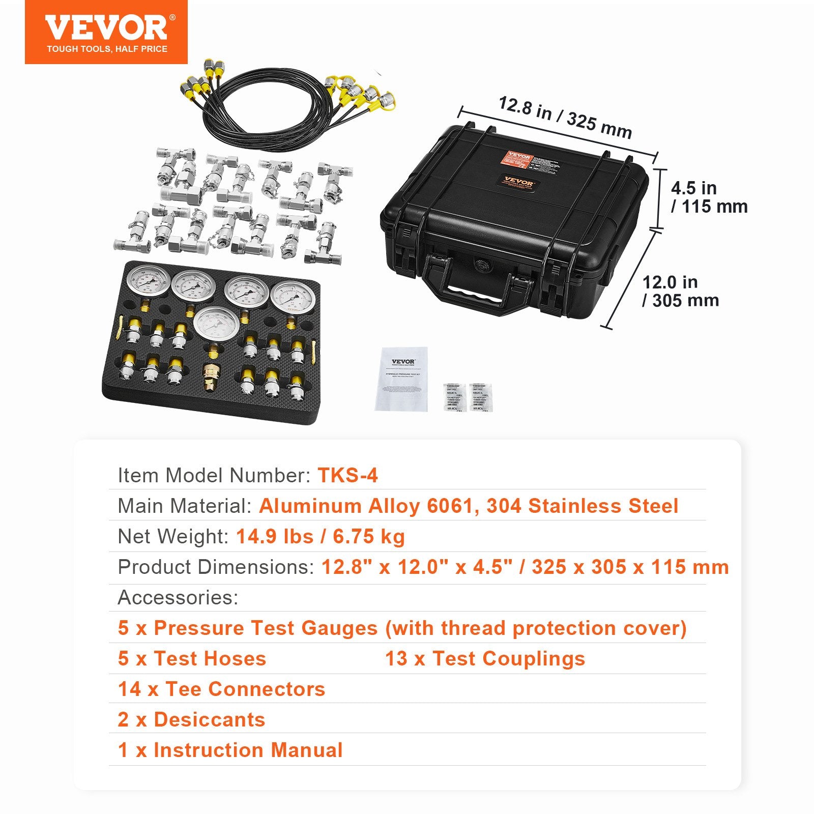 Hydraulic Pressure Test Kit, 10/100/250/400/600bar, 5 Gauges 13 Couplings 14 Tee Connectors 5 Test Hoses, Excavator Hydraulic Test Gauge Set with Carrying Case for Excavator Tractors Machinery - Image 7