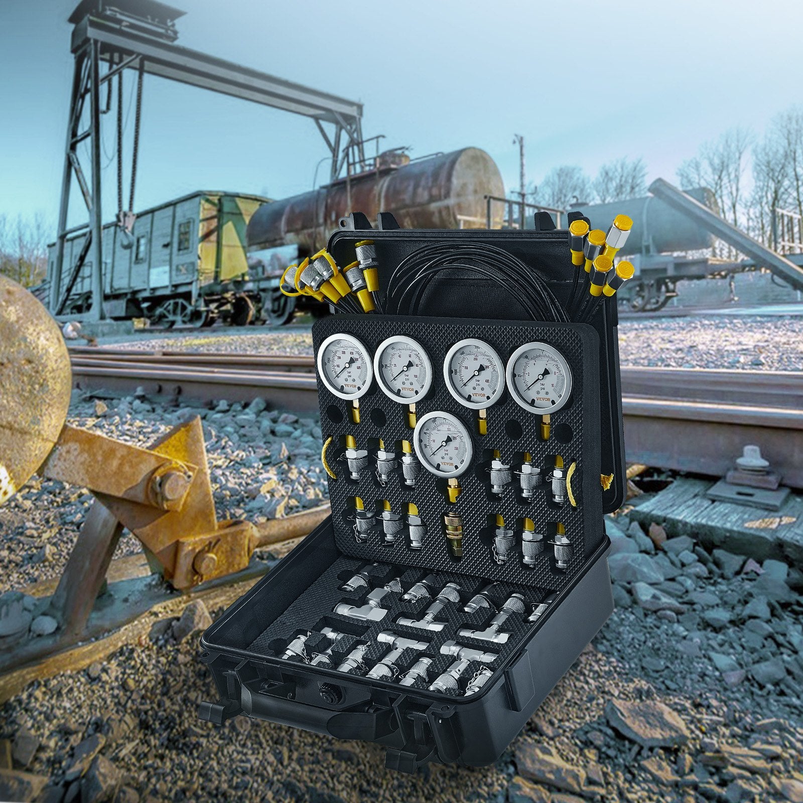 Hydraulic Pressure Test Kit, 10/100/250/400/600bar, 5 Gauges 13 Couplings 14 Tee Connectors 5 Test Hoses, Excavator Hydraulic Test Gauge Set with Carrying Case for Excavator Tractors Machinery - Image 8