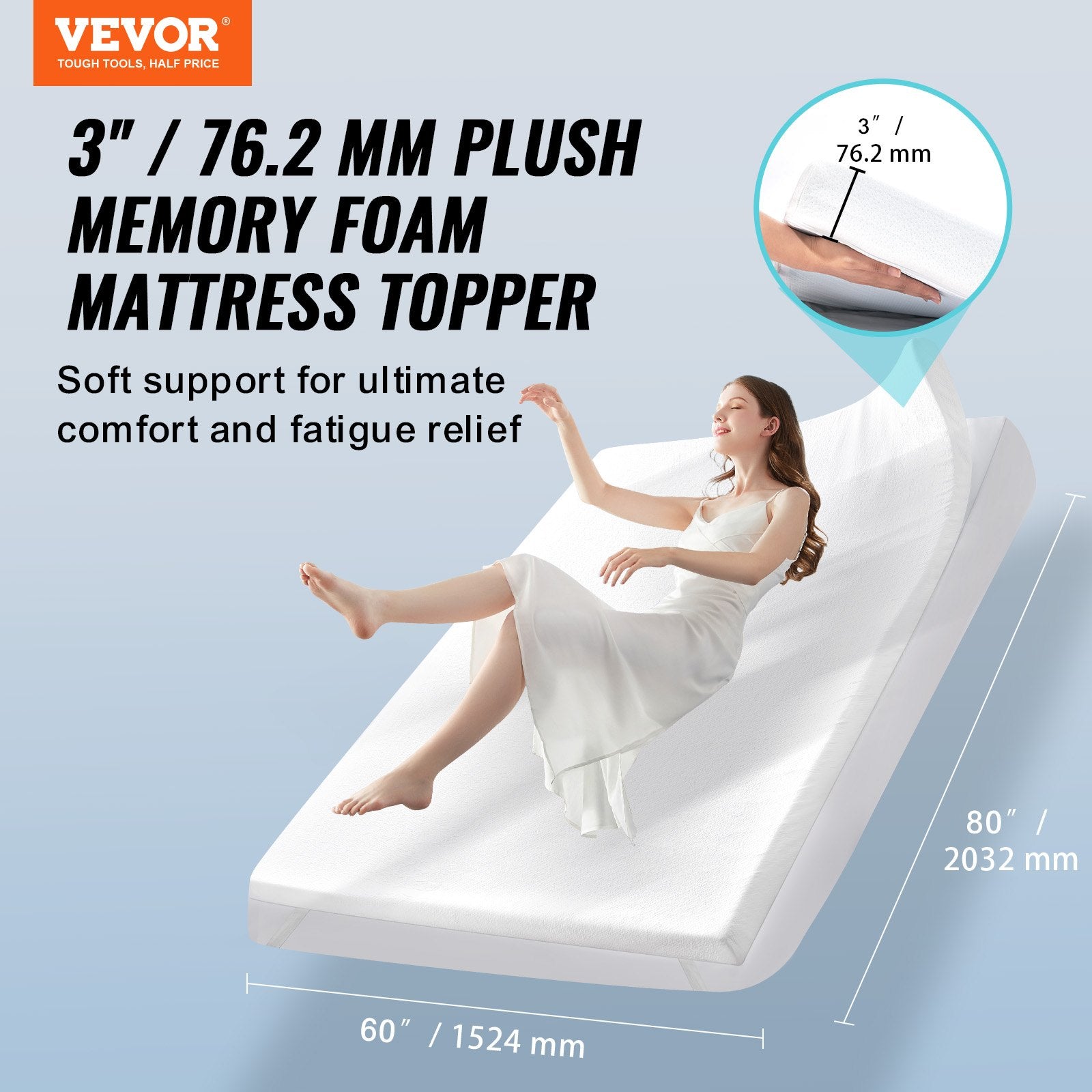 Mattress Topper Memory Foam Detachable & Washable Queen 76.2 mm Thickness - Image 2