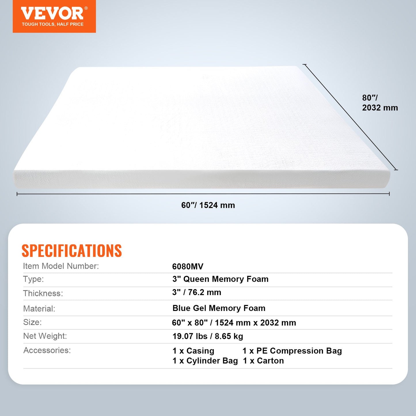 Mattress Topper Memory Foam Detachable & Washable Queen 76.2 mm Thickness - Image 7