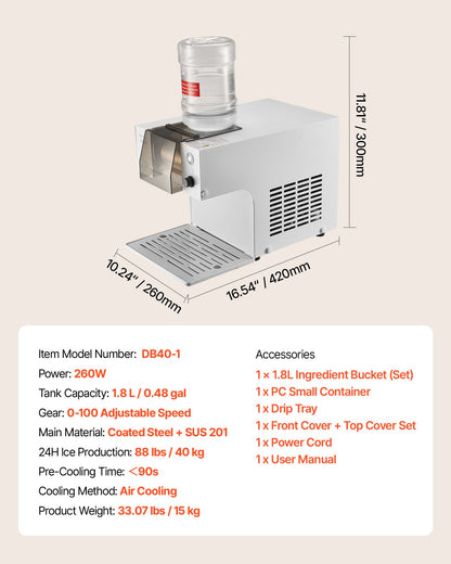 Snowflake Ice Machine, 40KG/24H Snowflake Ice Maker, Ice-Shaver Machine with Stainless Steel Blade, Electric Snow Cone Maker with 1.8L Tank, 90S Fast Pre-Cooling, for Home & Small Gatherings - Image 7