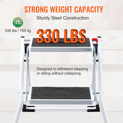 Step Ladder 2-Step 150kg Capacity, Ergonomic Folding Steel Step Stool with Wide Anti-Slip Pedal, Sturdy Step Stool for Adults Toddlers, Multi-Use for Household, Kitchen, Office, RVs - Image 3