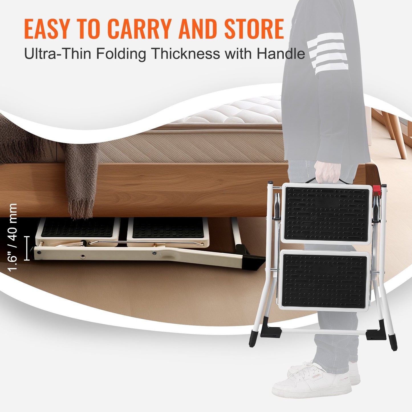 Step Ladder 2-Step 150kg Capacity, Ergonomic Folding Steel Step Stool with Wide Anti-Slip Pedal, Sturdy Step Stool for Adults Toddlers, Multi-Use for Household, Kitchen, Office, RVs - Image 4