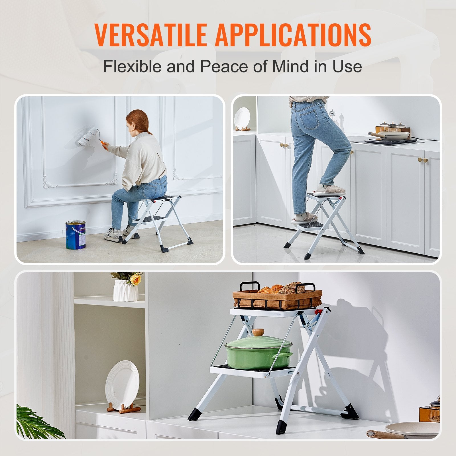 Step Ladder 2-Step 150kg Capacity, Ergonomic Folding Steel Step Stool with Wide Anti-Slip Pedal, Sturdy Step Stool for Adults Toddlers, Multi-Use for Household, Kitchen, Office, RVs - Image 6