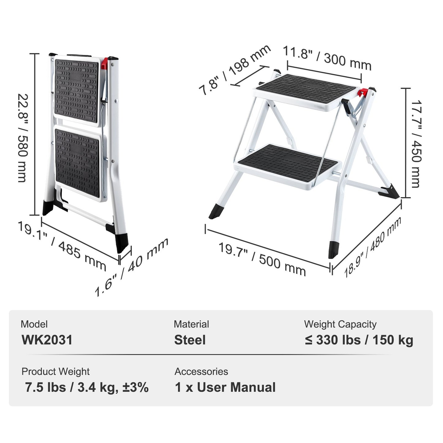 Step Ladder 2-Step 150kg Capacity, Ergonomic Folding Steel Step Stool with Wide Anti-Slip Pedal, Sturdy Step Stool for Adults Toddlers, Multi-Use for Household, Kitchen, Office, RVs - Image 7