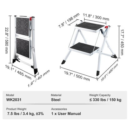 Step Ladder 2-Step 150kg Capacity, Ergonomic Folding Steel Step Stool with Wide Anti-Slip Pedal, Sturdy Step Stool for Adults Toddlers, Multi-Use for Household, Kitchen, Office, RVs - Image 7