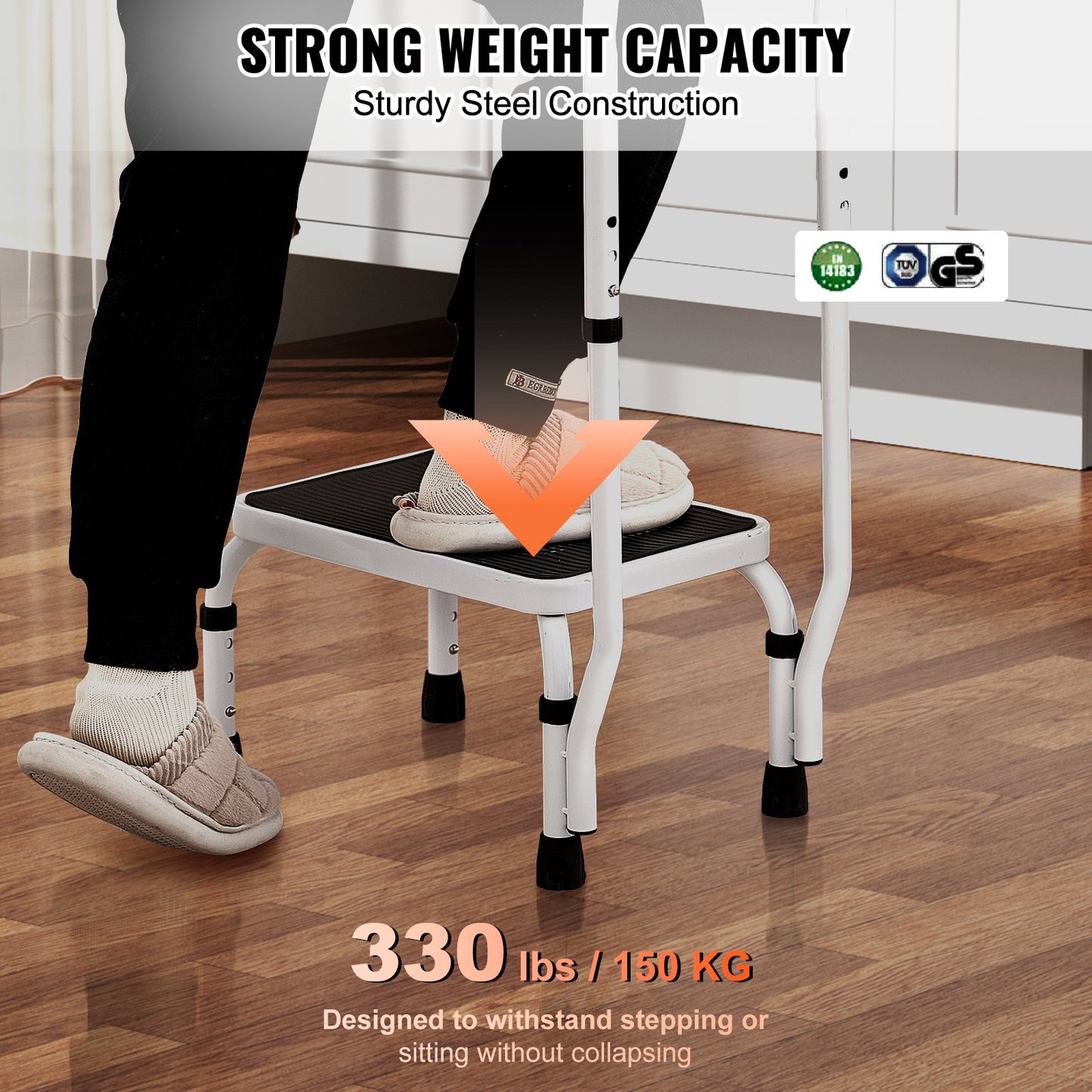 Step Stool 1-Step 150KG Capacity, 3 Adjustable Height with Handle Steel Step Ladder, Portable Toddler Step Stools for Adults, Non-Slip Sturdy Step Ladders for Office, RVs, Pets - Image 3