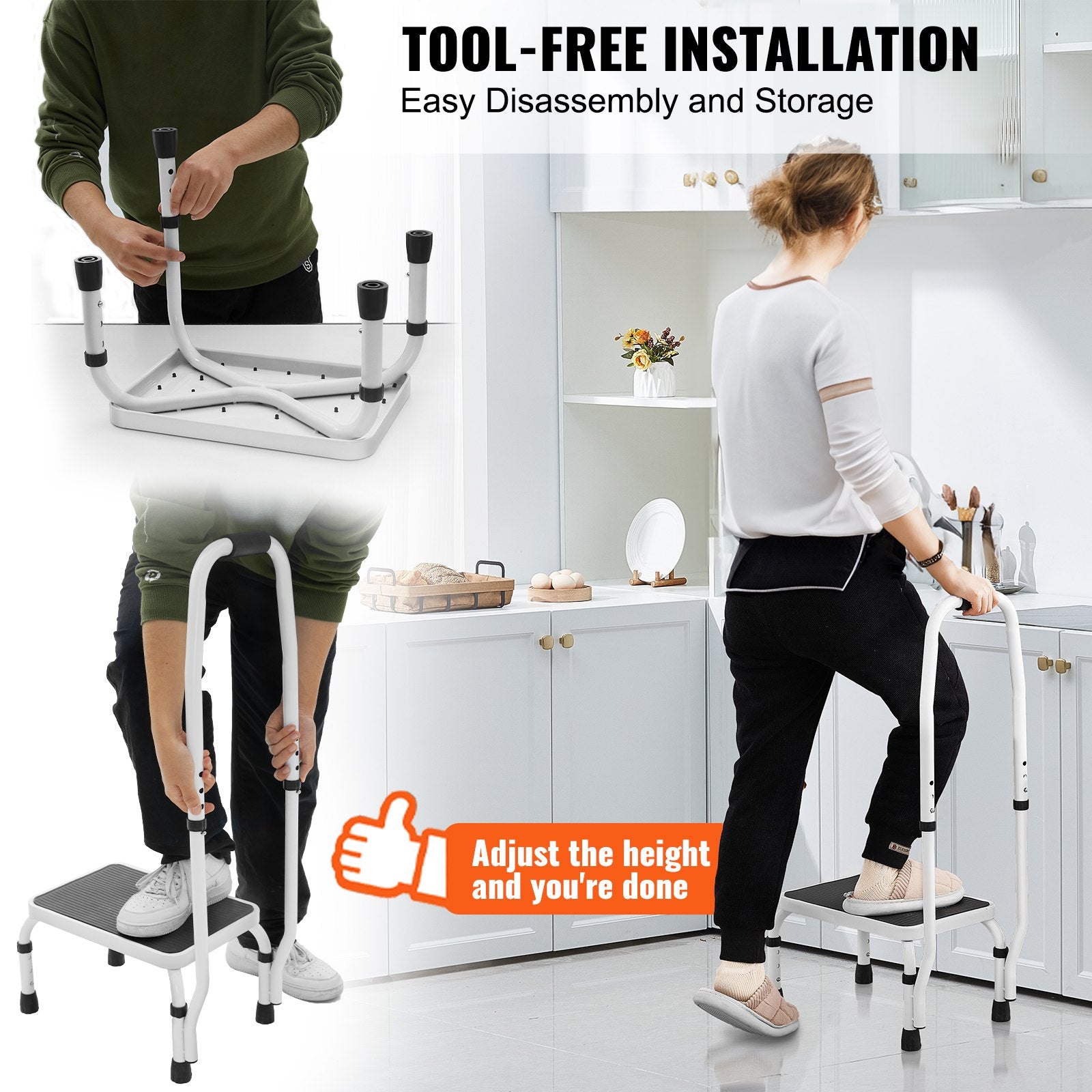 Step Stool 1-Step 150KG Capacity, 3 Adjustable Height with Handle Steel Step Ladder, Portable Toddler Step Stools for Adults, Non-Slip Sturdy Step Ladders for Office, RVs, Pets - Image 4