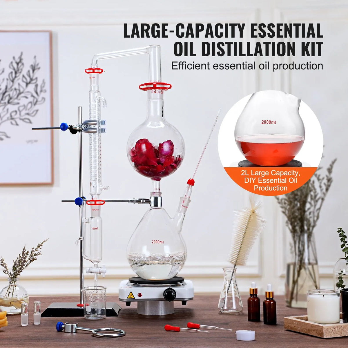 Essential Oil Distillation Kit, 2000ml Distillation Apparatus, 3.3 Boro Lab Glassware Distillation Kit with 1000W Heating Plate and 24, 40 Joint, 28 pcs Set - Image 2