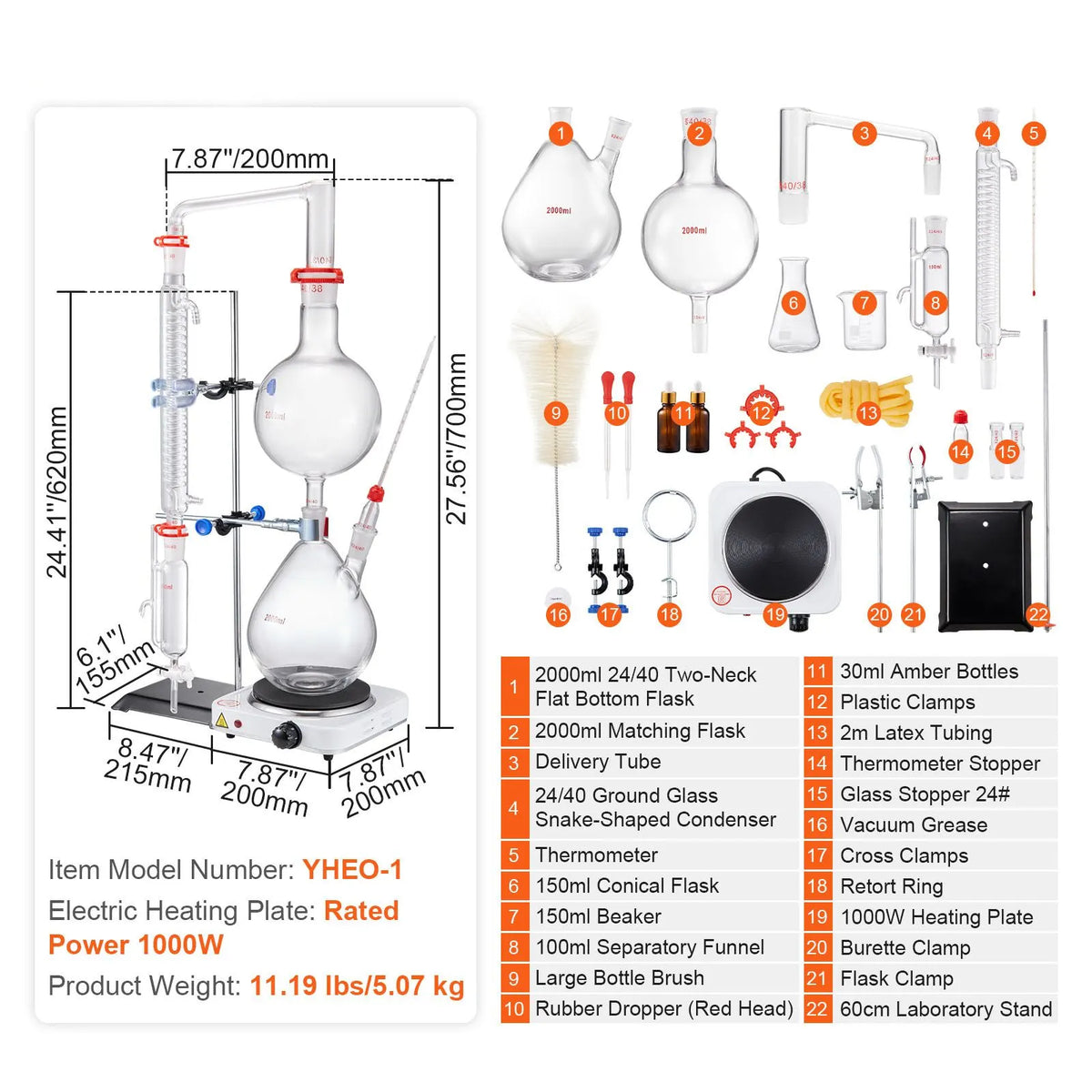 Essential Oil Distillation Kit, 2000ml Distillation Apparatus, 3.3 Boro Lab Glassware Distillation Kit with 1000W Heating Plate and 24, 40 Joint, 28 pcs Set - Image 7