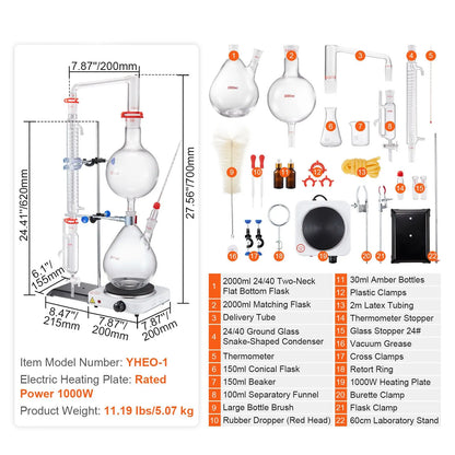 Essential Oil Distillation Kit, 2000ml Distillation Apparatus, 3.3 Boro Lab Glassware Distillation Kit with 1000W Heating Plate and 24, 40 Joint, 28 pcs Set - Image 7