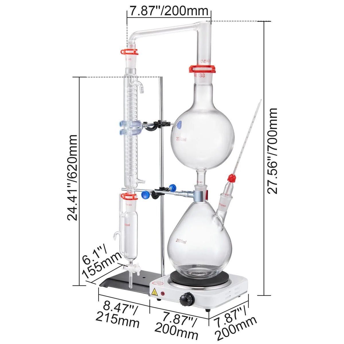 Essential Oil Distillation Kit, 2000ml Distillation Apparatus, 3.3 Boro Lab Glassware Distillation Kit with 1000W Heating Plate and 24, 40 Joint, 28 pcs Set - Image 8