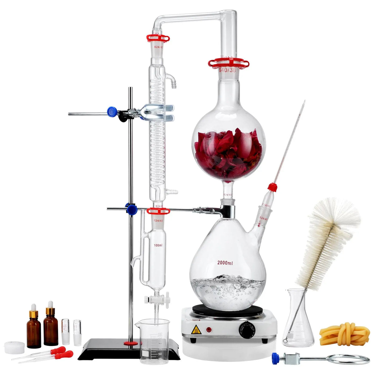 Essential Oil Distillation Kit, 2000ml Distillation Apparatus, 3.3 Boro Lab Glassware Distillation Kit with 1000W Heating Plate and 24, 40 Joint, 28 pcs Set - Image 9