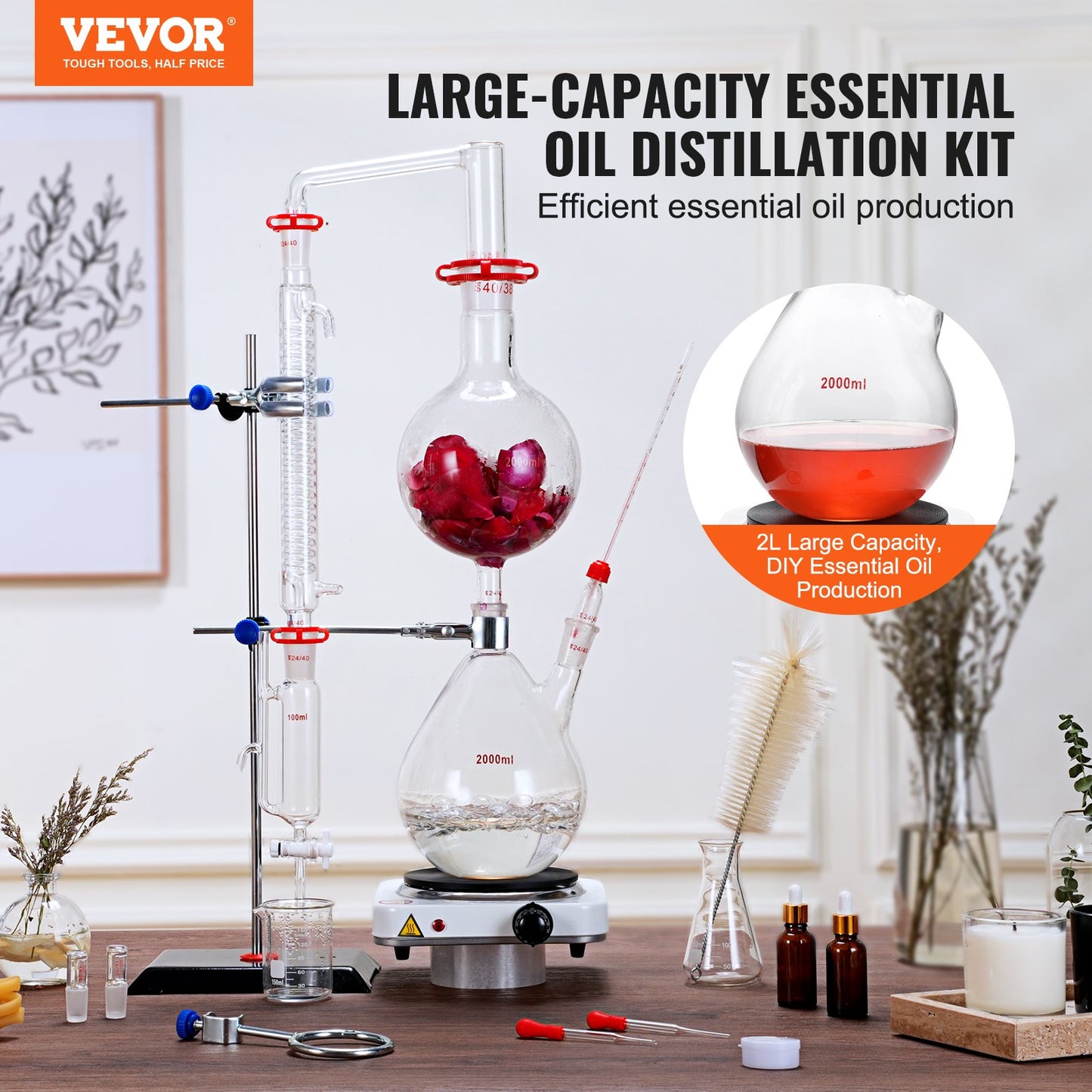 Essential Oil Distillation Kit, 2000ml Distillation Apparatus, 3.3 Boro Lab Glassware Distillation Kit with 1000W Heating Plate and 24, 40 Joint, 28 pcs Set - Image 2