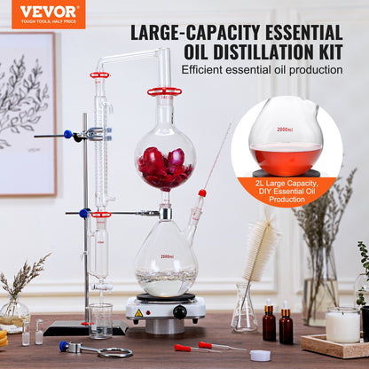 Essential Oil Distillation Kit, 2000ml Distillation Apparatus, 3.3 Boro Lab Glassware Distillation Kit with 1000W Heating Plate and 24, 40 Joint, 28 pcs Set - Image 2