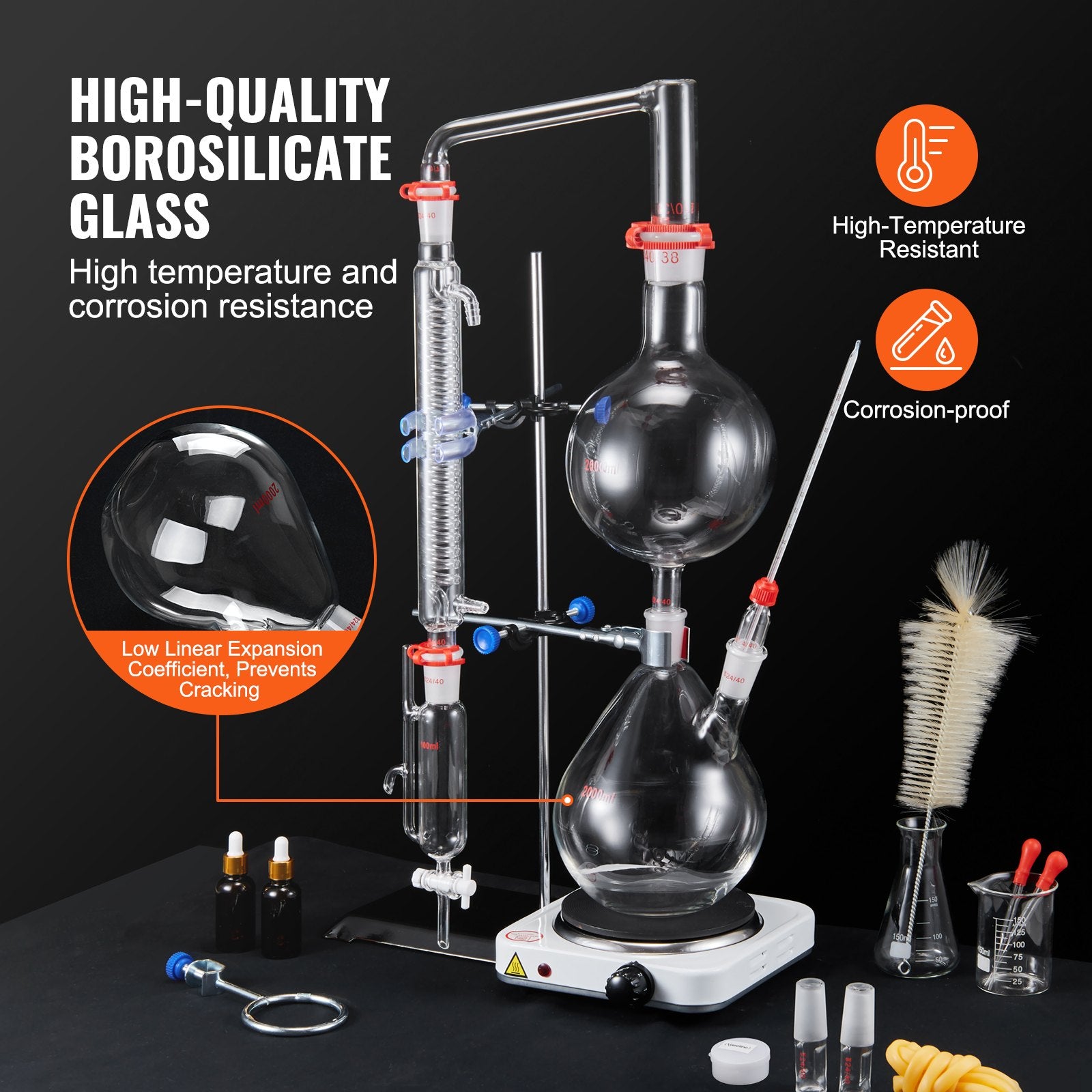 Essential Oil Distillation Kit, 2000ml Distillation Apparatus, 3.3 Boro Lab Glassware Distillation Kit with 1000W Heating Plate and 24, 40 Joint, 28 pcs Set - Image 3