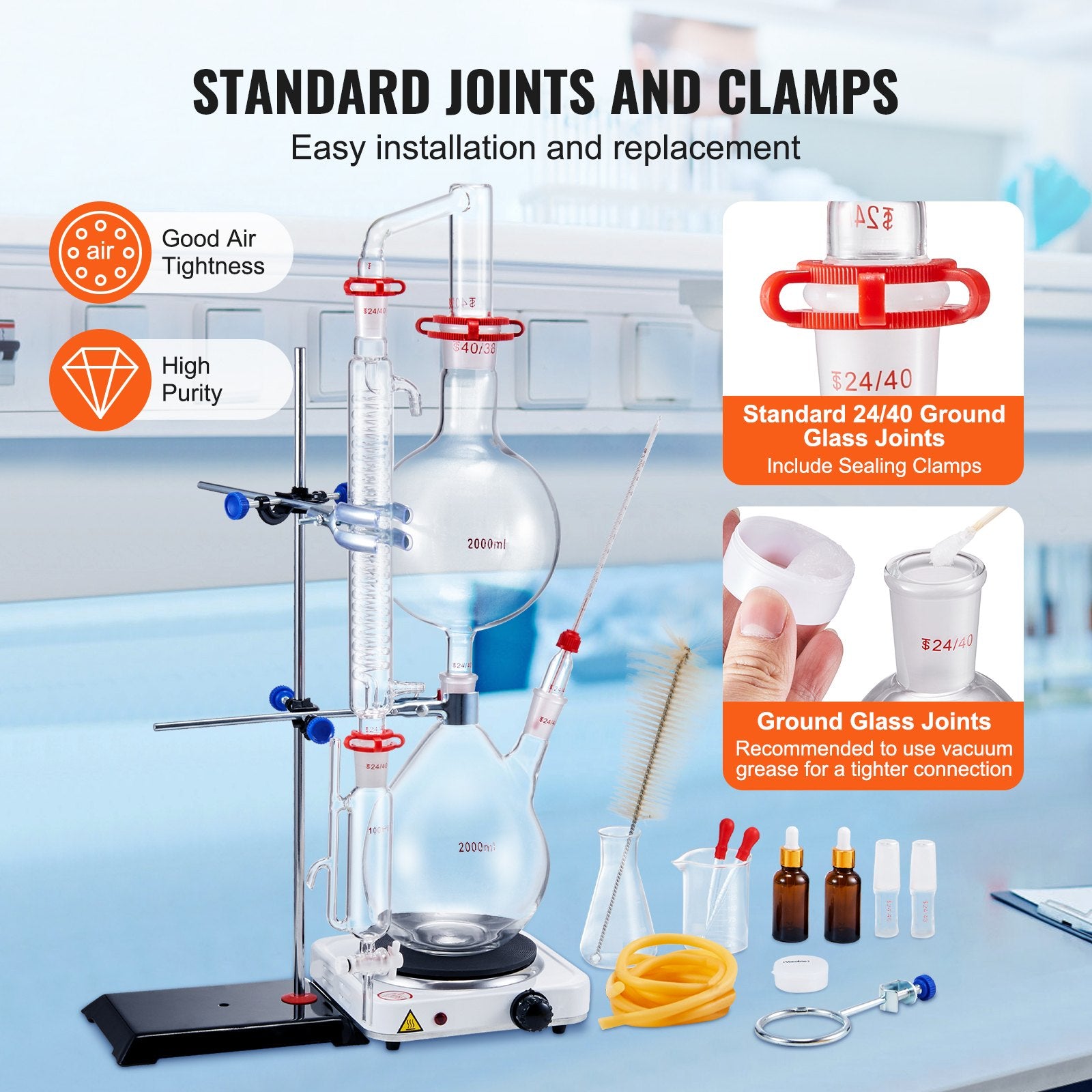 Essential Oil Distillation Kit, 2000ml Distillation Apparatus, 3.3 Boro Lab Glassware Distillation Kit with 1000W Heating Plate and 24, 40 Joint, 28 pcs Set - Image 4