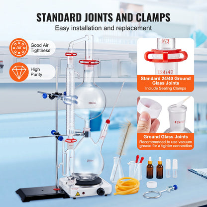Essential Oil Distillation Kit, 2000ml Distillation Apparatus, 3.3 Boro Lab Glassware Distillation Kit with 1000W Heating Plate and 24, 40 Joint, 28 pcs Set - Image 4