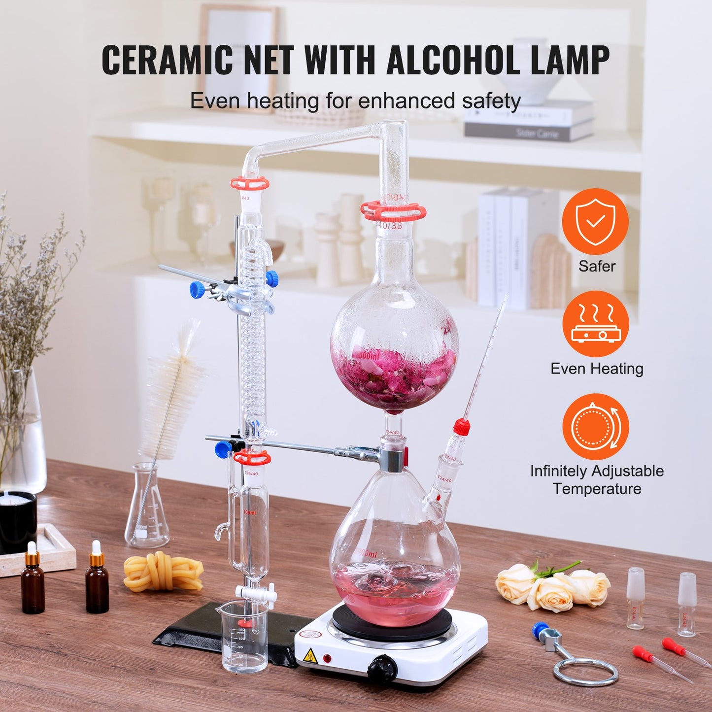 Essential Oil Distillation Kit, 2000ml Distillation Apparatus, 3.3 Boro Lab Glassware Distillation Kit with 1000W Heating Plate and 24, 40 Joint, 28 pcs Set - Image 5