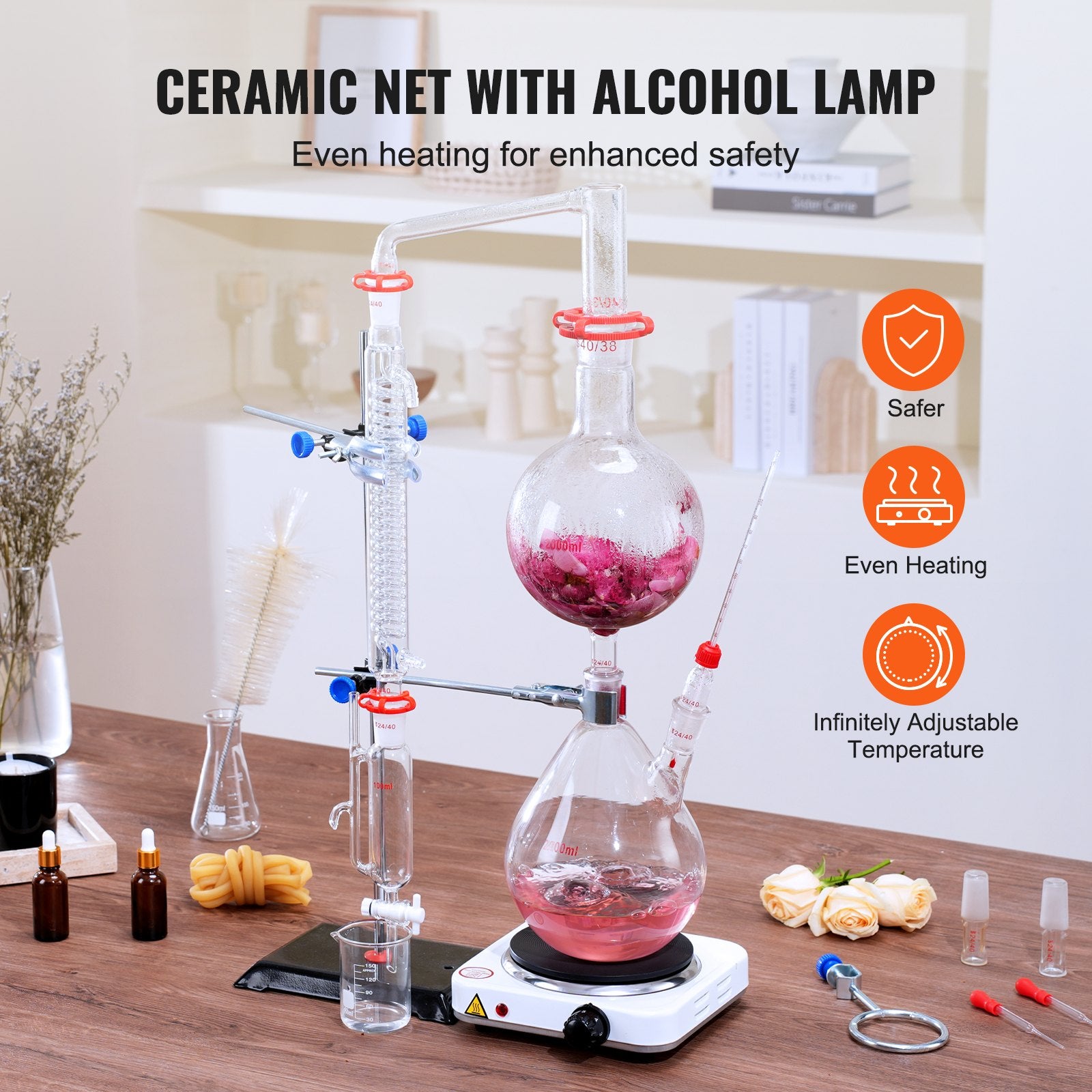 Essential Oil Distillation Kit, 2000ml Distillation Apparatus, 3.3 Boro Lab Glassware Distillation Kit with 1000W Heating Plate and 24, 40 Joint, 28 pcs Set - Image 5