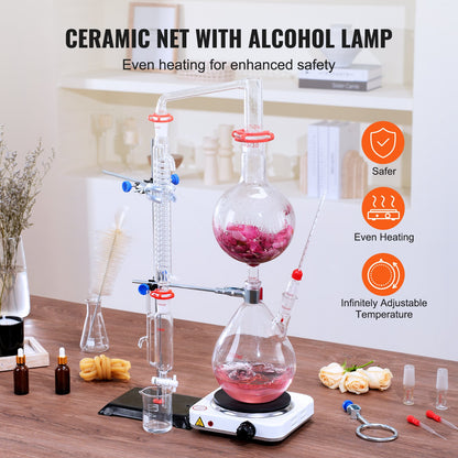 Essential Oil Distillation Kit, 2000ml Distillation Apparatus, 3.3 Boro Lab Glassware Distillation Kit with 1000W Heating Plate and 24, 40 Joint, 28 pcs Set - Image 5