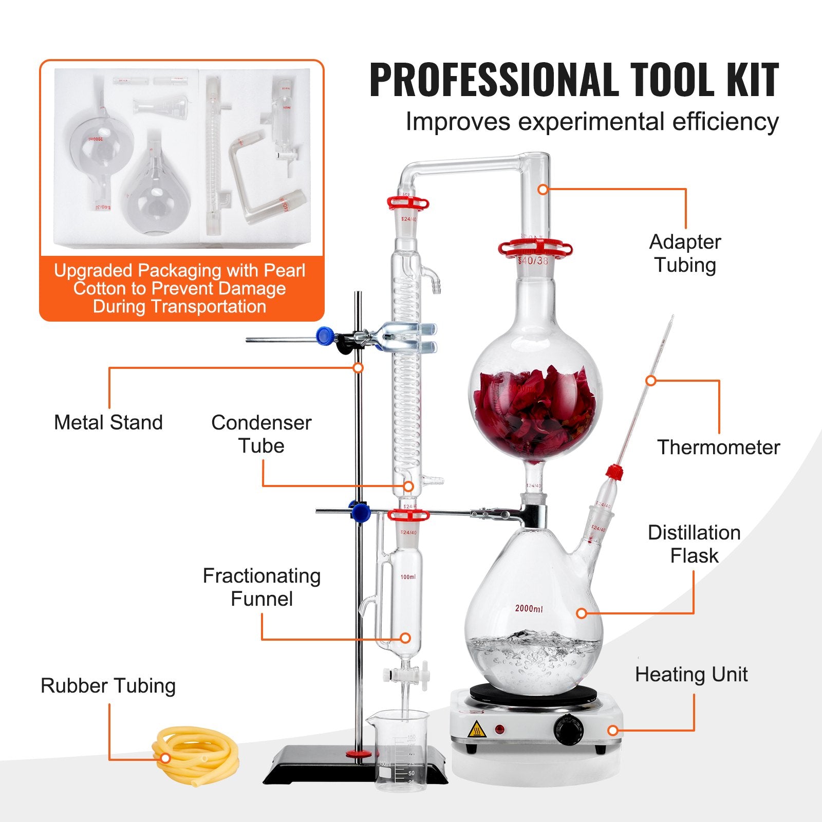 Essential Oil Distillation Kit, 2000ml Distillation Apparatus, 3.3 Boro Lab Glassware Distillation Kit with 1000W Heating Plate and 24, 40 Joint, 28 pcs Set - Image 6