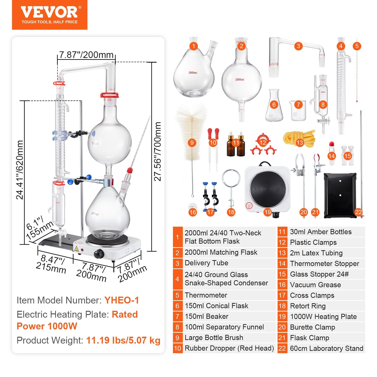 Essential Oil Distillation Kit, 2000ml Distillation Apparatus, 3.3 Boro Lab Glassware Distillation Kit with 1000W Heating Plate and 24, 40 Joint, 28 pcs Set - Image 7