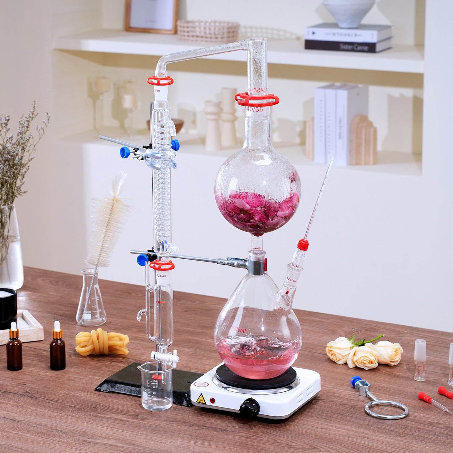 Essential Oil Distillation Kit, 2000ml Distillation Apparatus, 3.3 Boro Lab Glassware Distillation Kit with 1000W Heating Plate and 24, 40 Joint, 28 pcs Set - Image 8