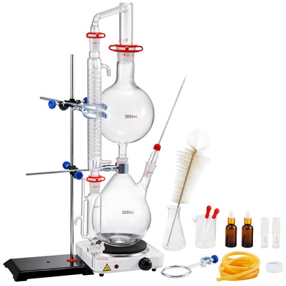 Essential Oil Distillation Kit, 2000ml Distillation Apparatus, 3.3 Boro Lab Glassware Distillation Kit with 1000W Heating Plate and 24, 40 Joint, 28 pcs Set - Image 9