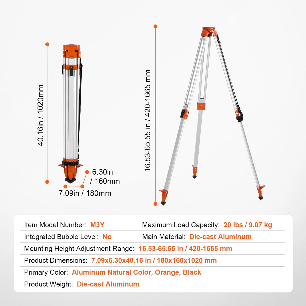 Laser Level Tripod Stand 5/8"-11 Thread 16.53-65.55 in Height Adjustment - Image 7