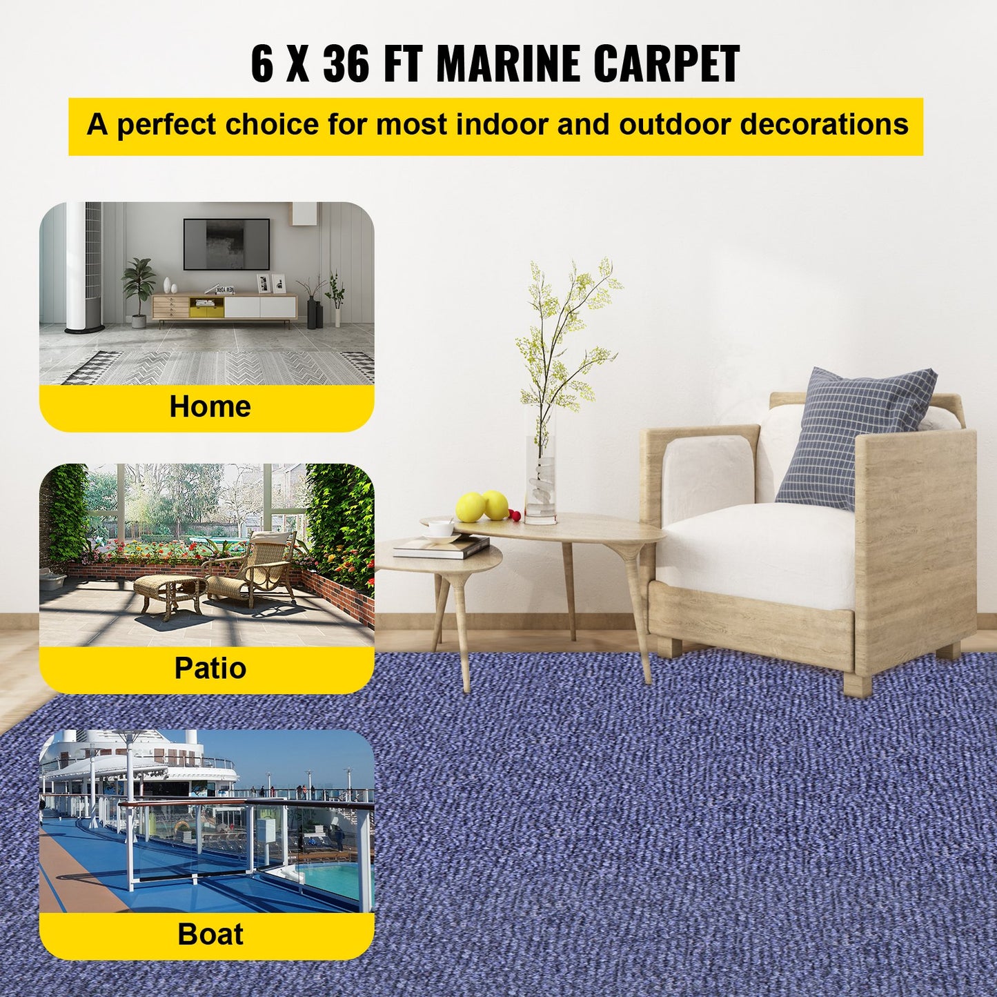 Deep Blue Marine Carpet 6 ft x 36 ft Marine Carpeting Marine Grade Carpet for Boats with Waterproof Back Outdoor Rug for Patio Porch Deck Garage Outdoor Area Rug Runner Non-Slide Porch Rug - Image 2