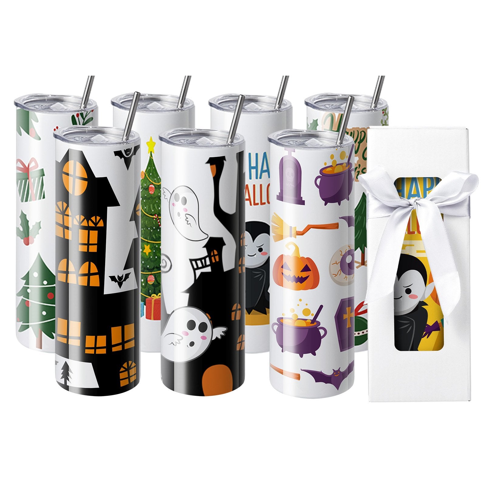 8 Pack Straight Sublimation Tumblers, 30 oz Blank Tumbler Bulk, Stainless Steel Double Wall Tumbler Cups with Straw, Lid, Brush, Base, Shrink Wrap, Gift Box, for Heat Press and Heat Transfer