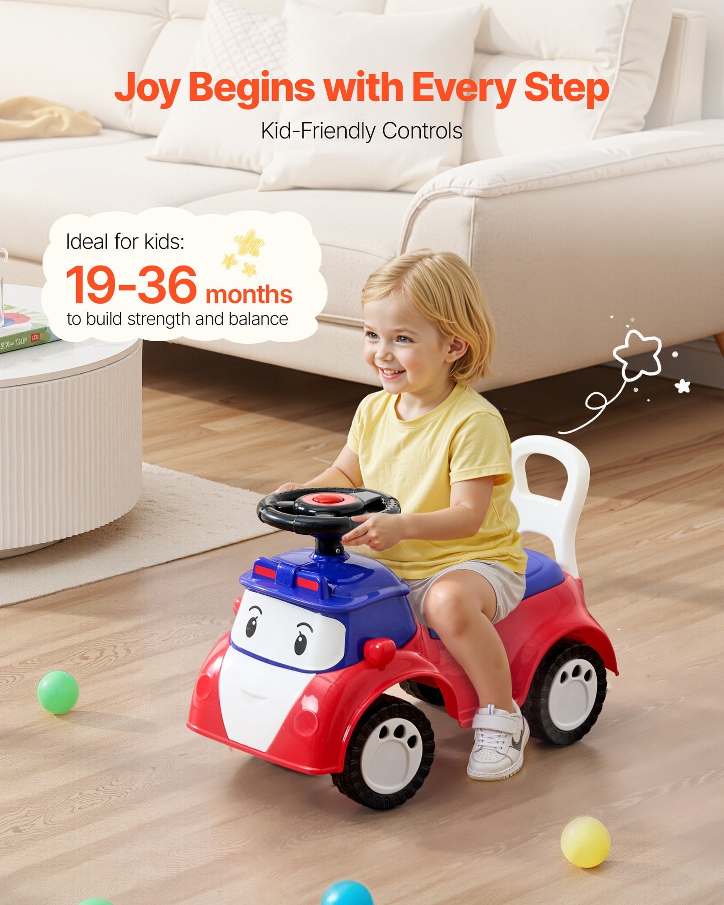 Ride On Toddler Push Car, Push Car for Toddler 19 to 36 Months, Kids Ride On Toy with Music & Under-seat Storage, 25 kg Load Capacity, Foot-to-Floor Walker for Toddlers Boys Girls, Red - Image 2