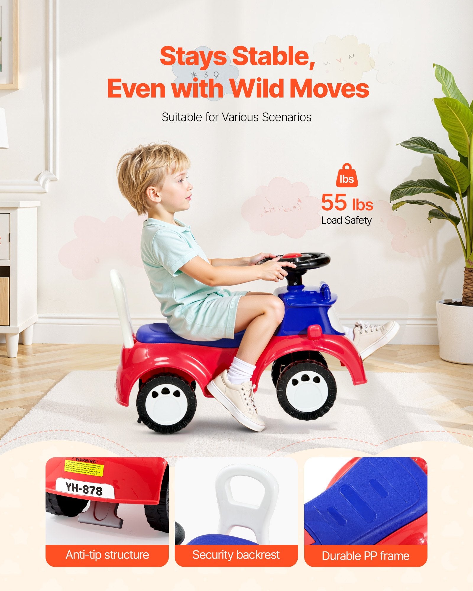 Ride On Toddler Push Car, Push Car for Toddler 19 to 36 Months, Kids Ride On Toy with Music & Under-seat Storage, 25 kg Load Capacity, Foot-to-Floor Walker for Toddlers Boys Girls, Red - Image 4