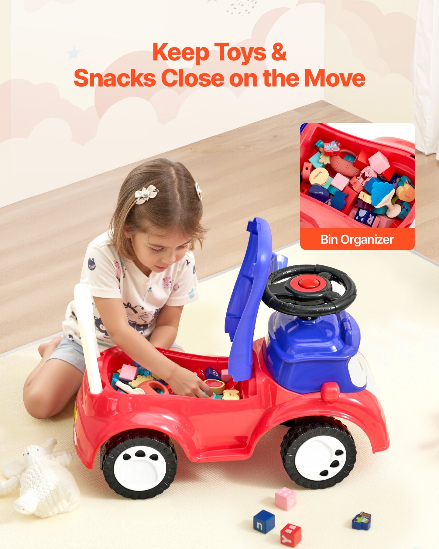 Ride On Toddler Push Car, Push Car for Toddler 19 to 36 Months, Kids Ride On Toy with Music & Under-seat Storage, 25 kg Load Capacity, Foot-to-Floor Walker for Toddlers Boys Girls, Red - Image 6