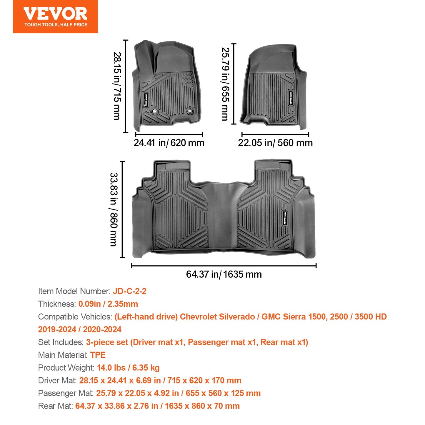 Automotive Floor Mats Fits for Chevrolet Silverado/GMC Sierra 1500 3 pcs - Image 7