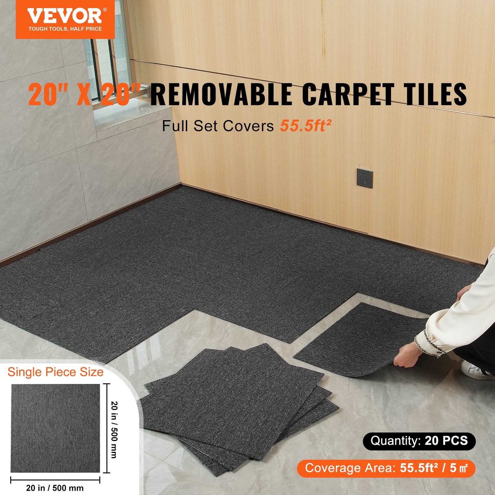 Carpet Tiles Reusable, 20"x 20" Carpet Squares With Padding Attached, Soft Padded Carpet Tiles, Easy Install DIY for Bedroom Living Room Indoor Outdoor (20 Tiles, Dark Gray) - Image 2